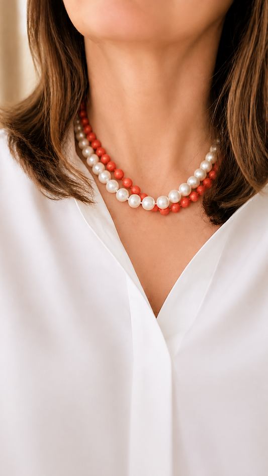 Coral Bead Necklace with Hammered 925 Silver Toggle Clasp