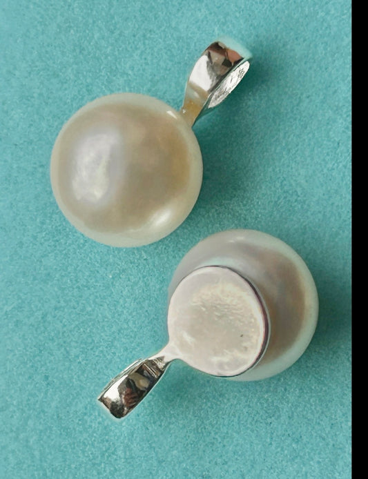 NEW SILVER Cabochon Freshwater Pearl Pendant Necklace