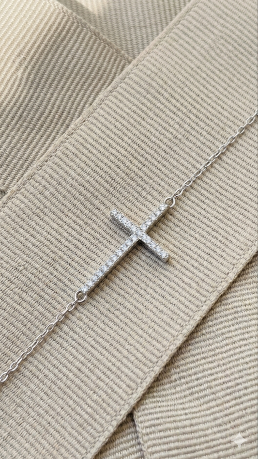Sideways Cross Silver Pendant with Cubic Zirconia
