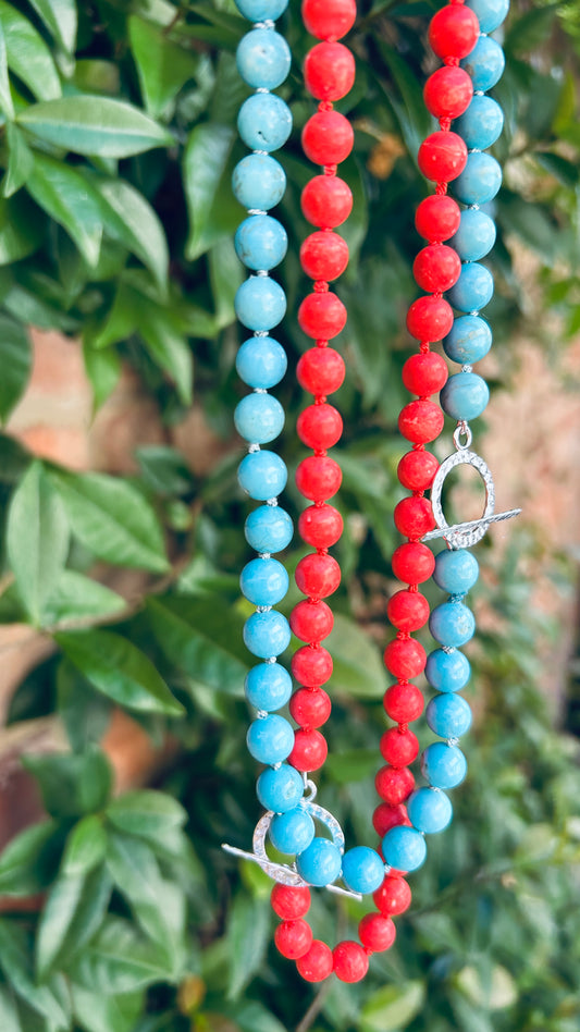 Turquoise Bead Necklace with Hammered 925 Silver Toggle Clasp