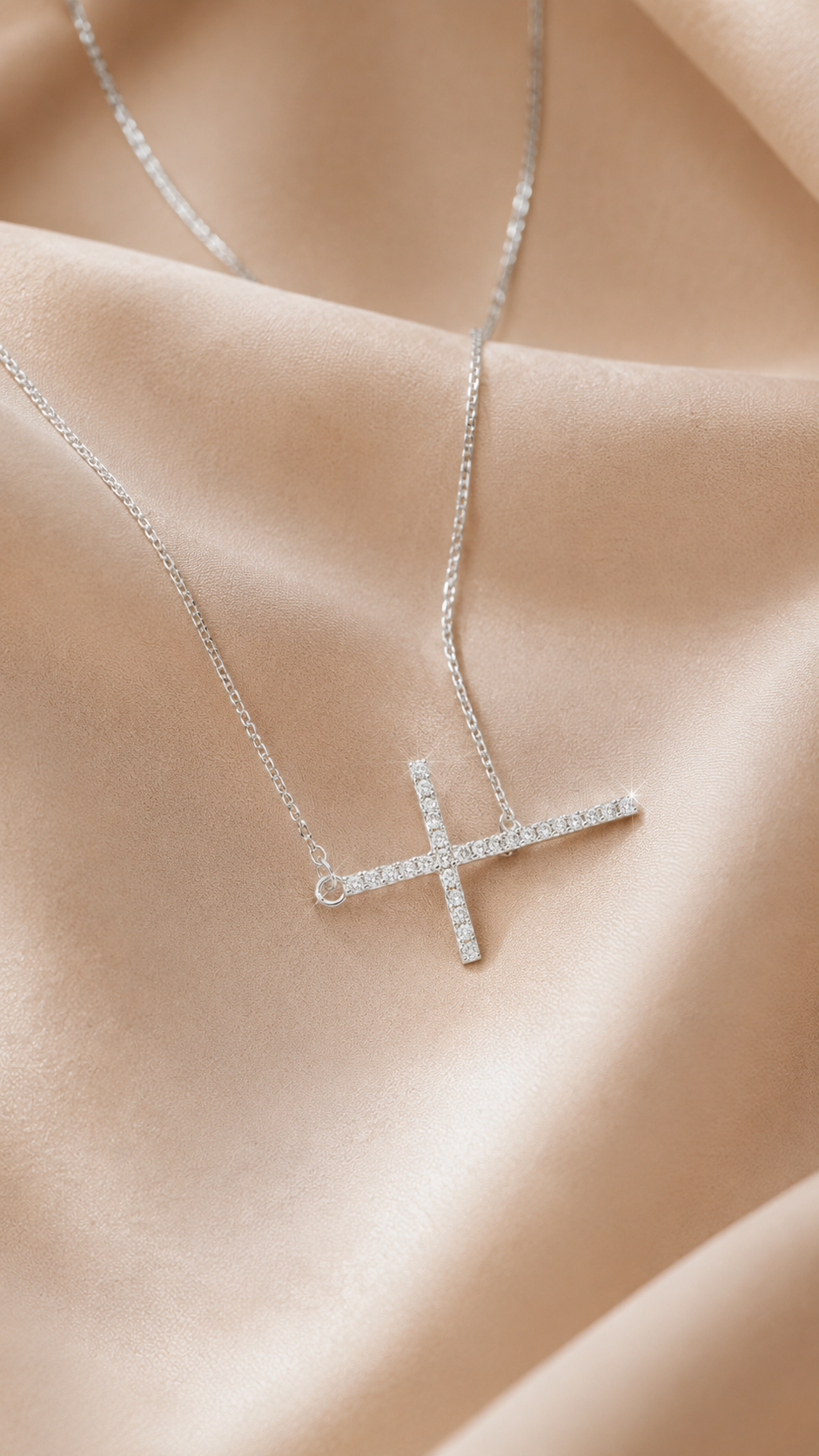 Sideways Cross Silver Pendant with Cubic Zirconia