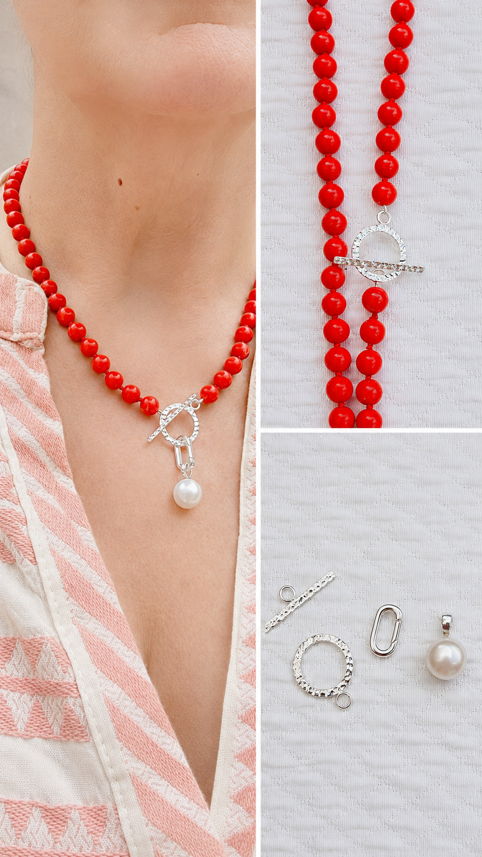 Coral Bead Necklace with Hammered 925 Silver Toggle Clasp