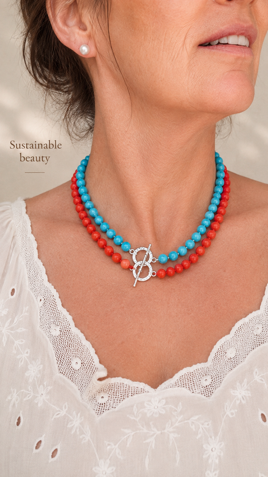 Turquoise Bead Necklace with Hammered 925 Silver Toggle Clasp