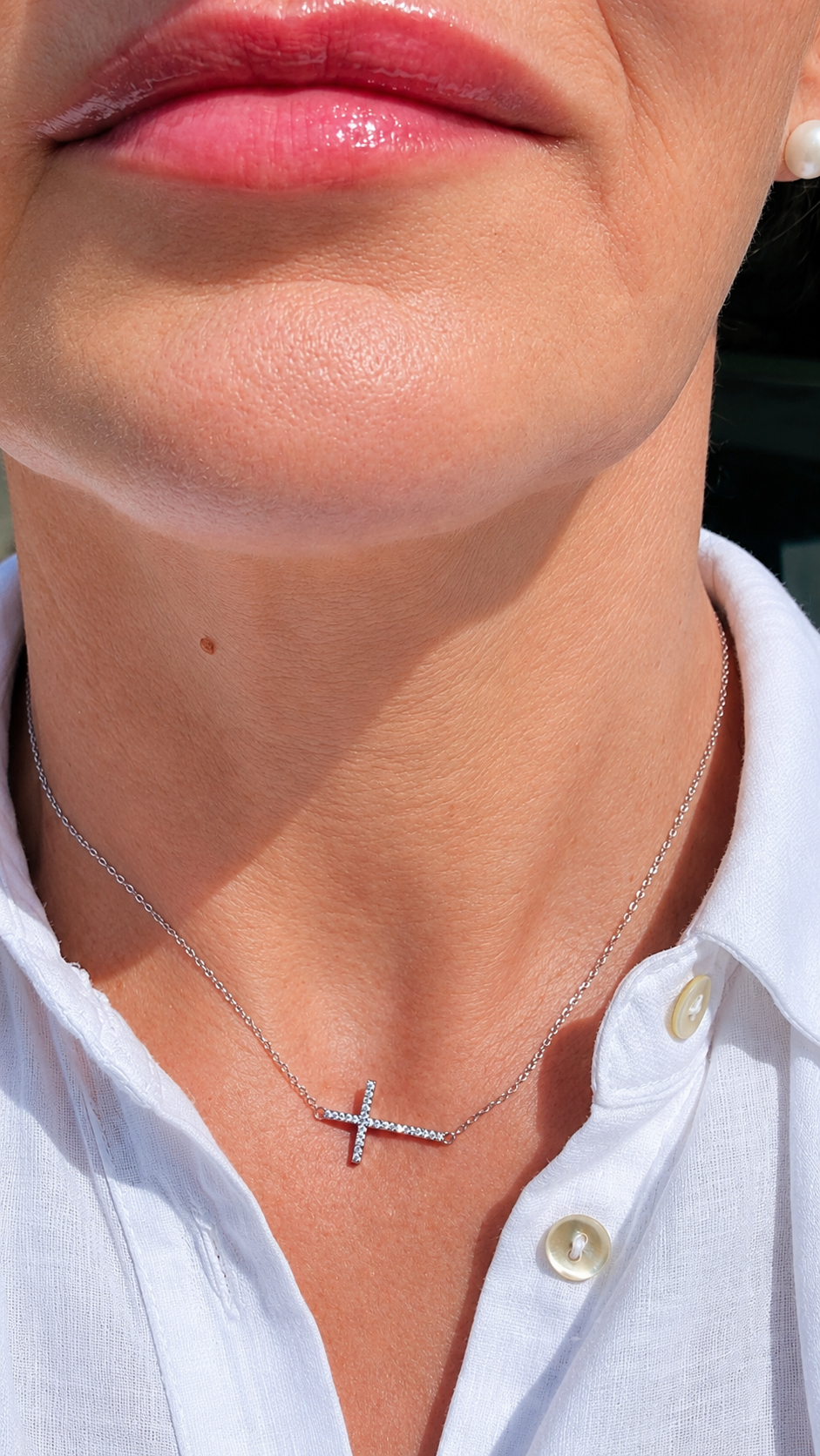 Sideways Cross Silver Pendant with Cubic Zirconia