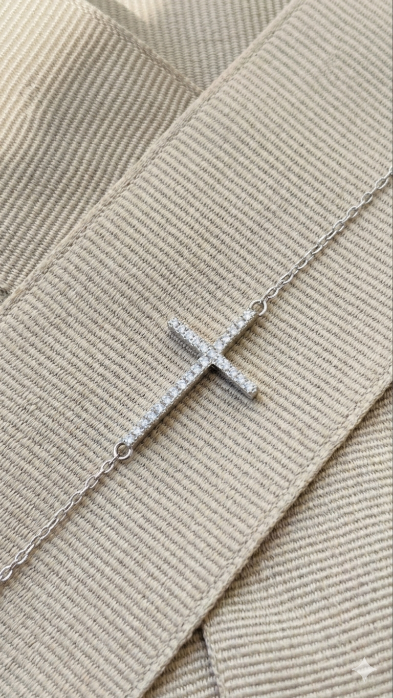 Sideways Cross Silver Pendant with Cubic Zirconia