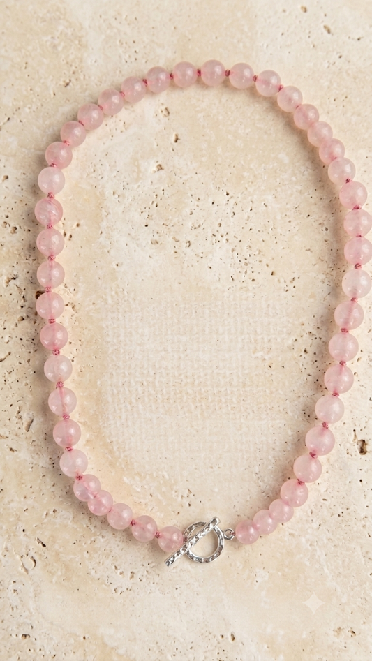 Rose Quartz Semi-Precious Necklace with Solid Silver Toggle Clasp