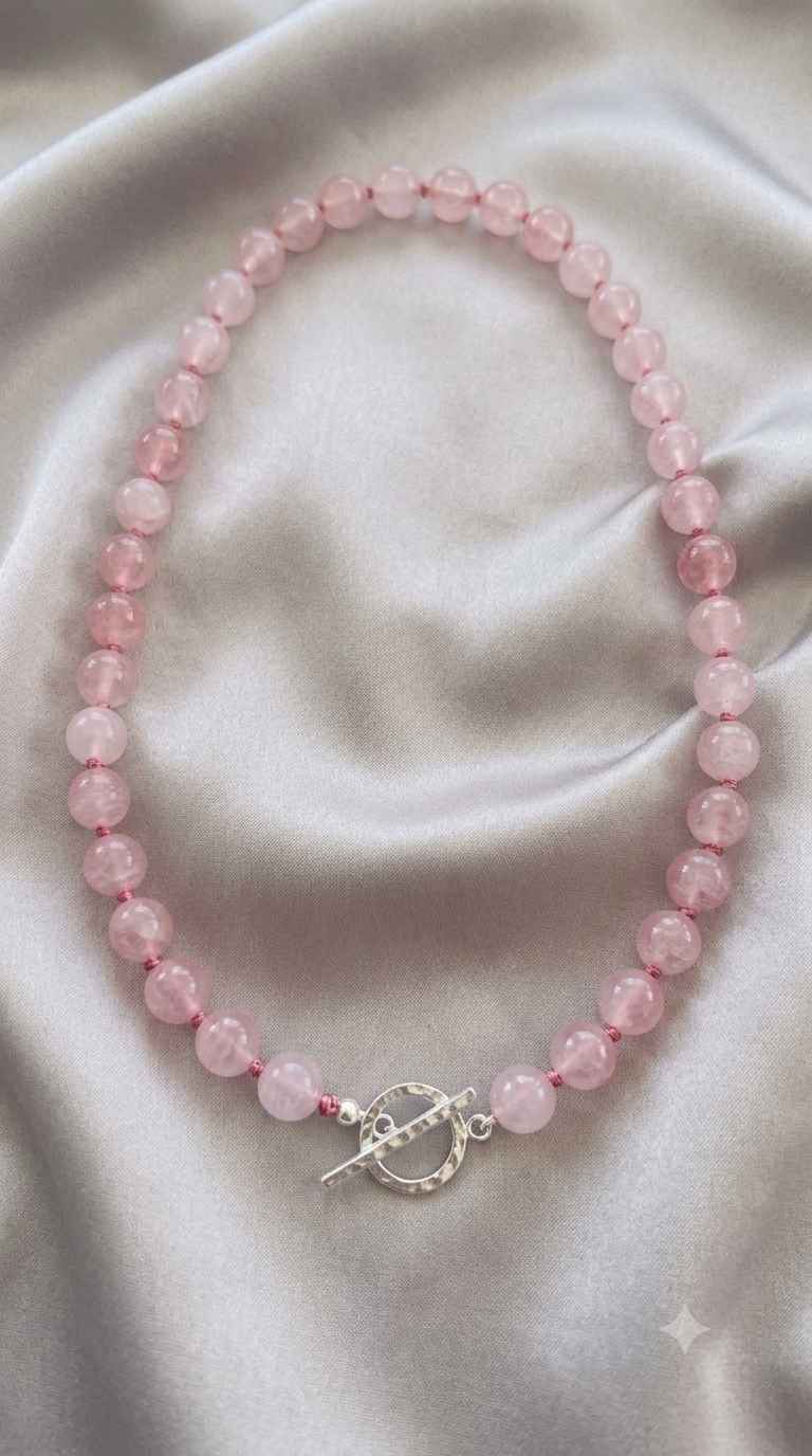 Rose Quartz Semi-Precious Necklace with Solid Silver Toggle Clasp