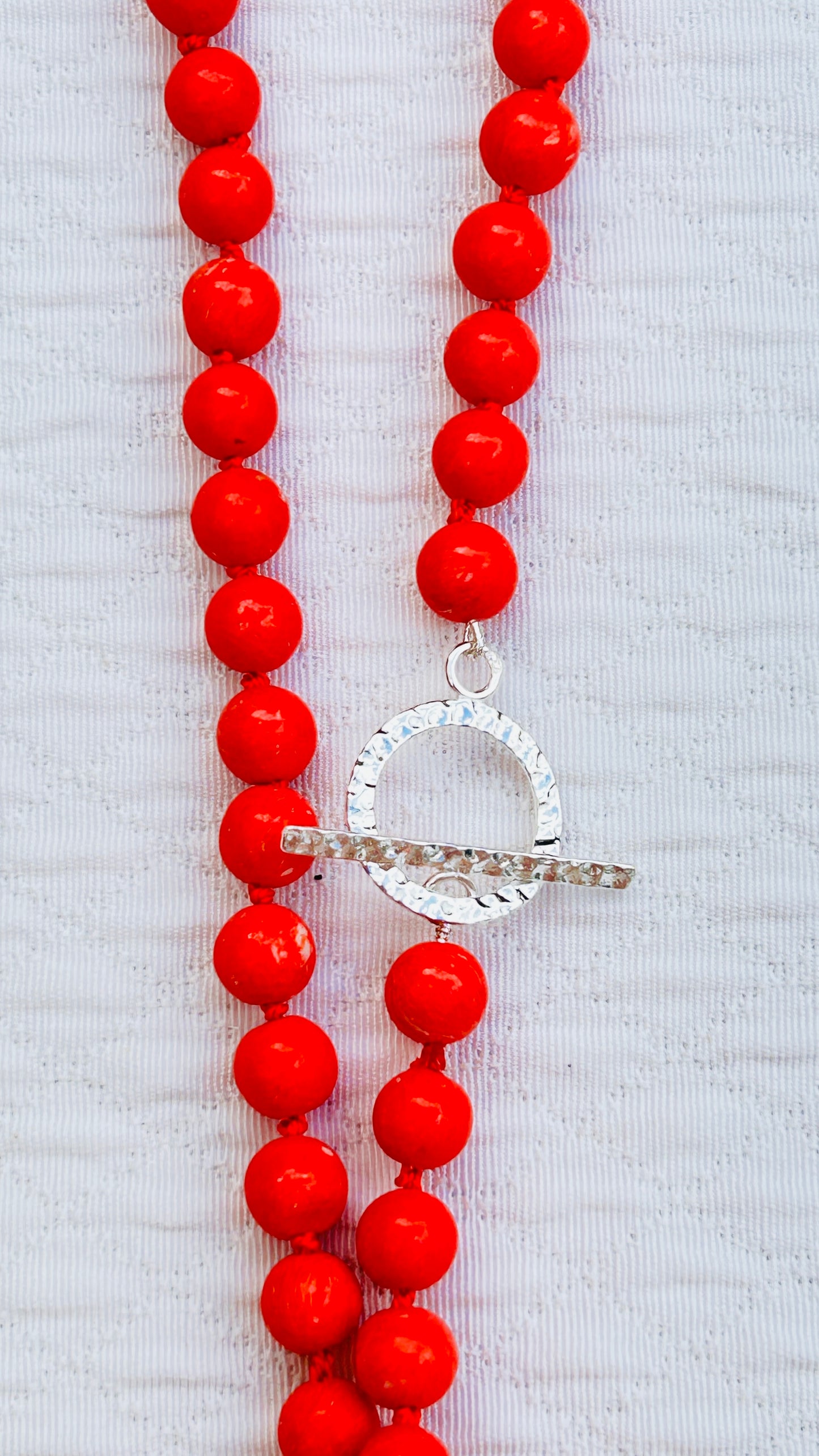 Coral Bead Necklace with Hammered 925 Silver Toggle Clasp