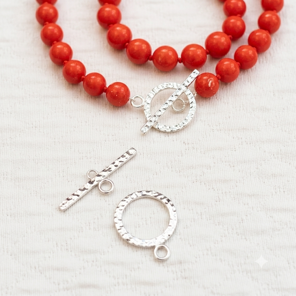 Coral Bead Necklace with Hammered 925 Silver Toggle Clasp