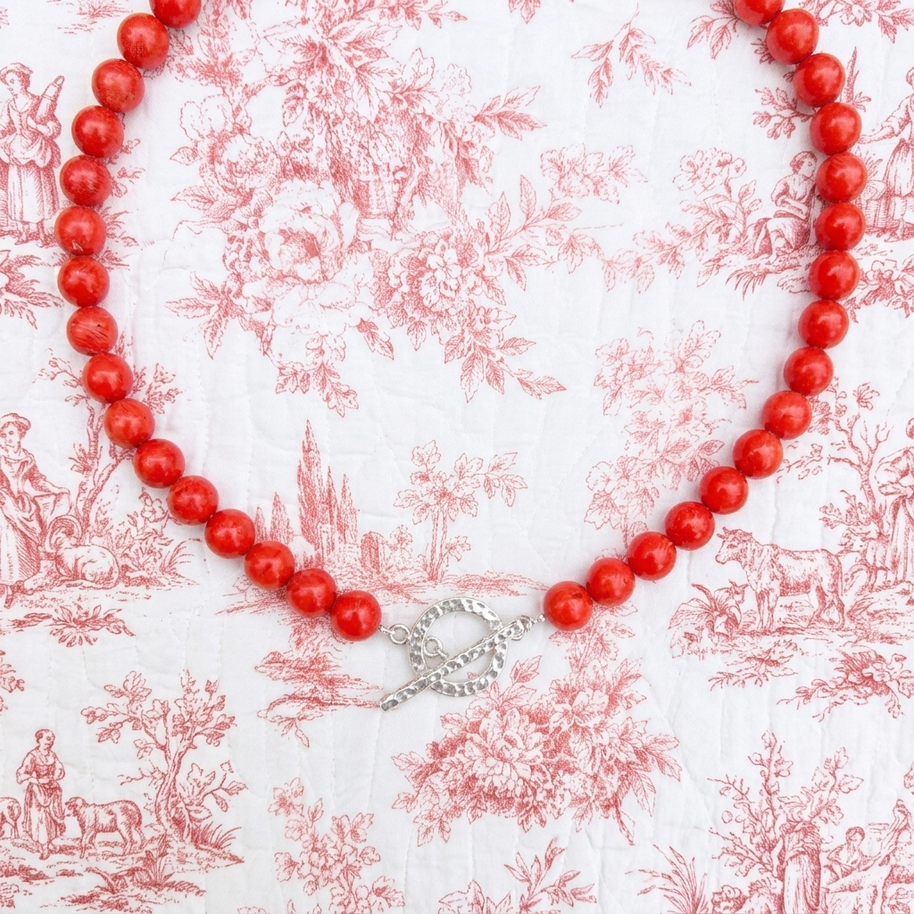Coral Bead Necklace with Hammered 925 Silver Toggle Clasp