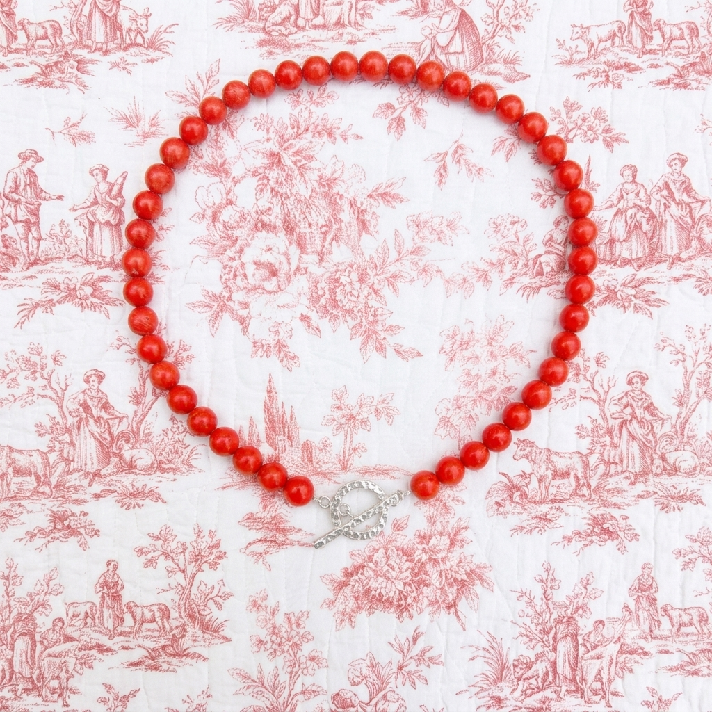 Coral Bead Necklace with Hammered 925 Silver Toggle Clasp